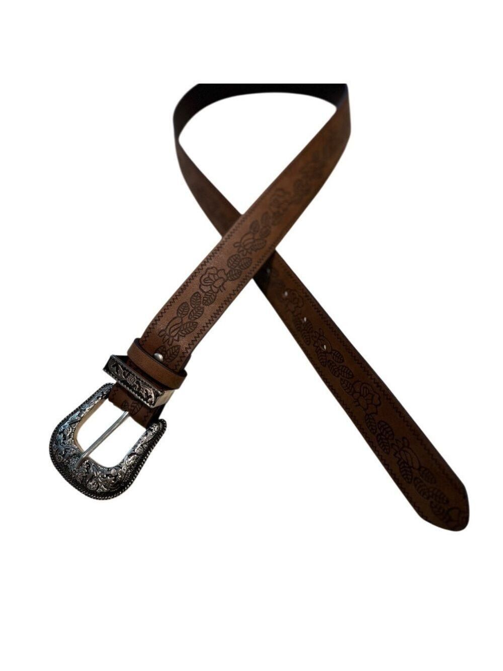 Tan Faux Leather Western Belt Silver Buckle - Picture 10 of 10